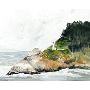 8x10 PNW Original Oil Painting Haceta Head Lighthouse Oregon Coast Ocean Signed